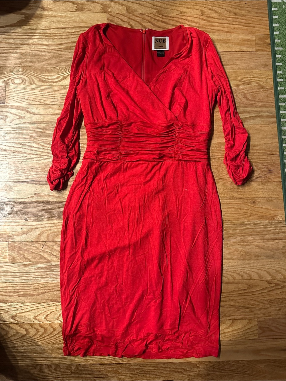 Nue by Shani Red Ruched Wrap-Front Long Sleeve Dress